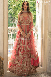Coral Pink Lehenga with Front Open Kameez Dress