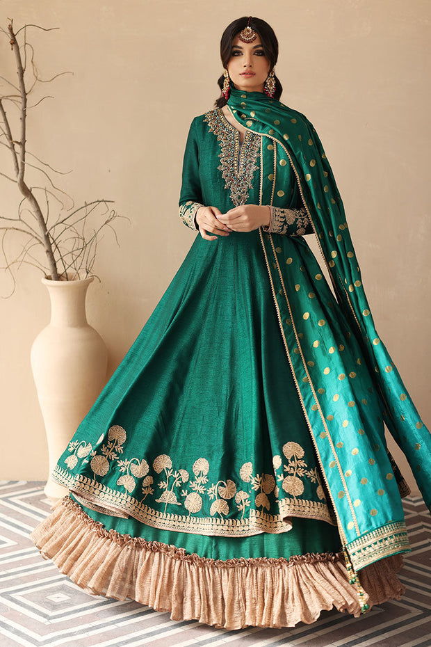 Silk Net Green Angrakha for Pakistani Wedding Dress