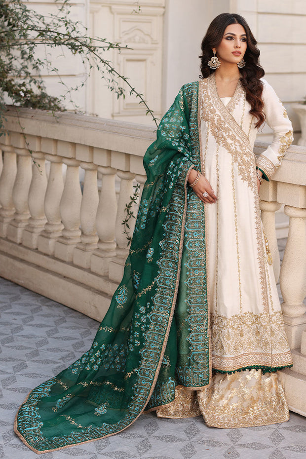 Cotton Net White Green Angrakha Pakistani Wedding Dress