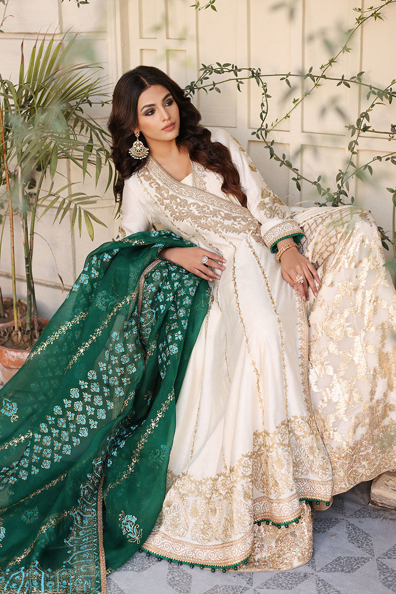 Cotton Net White Green Angrakha Pakistani Wedding Dresses MEDIUM