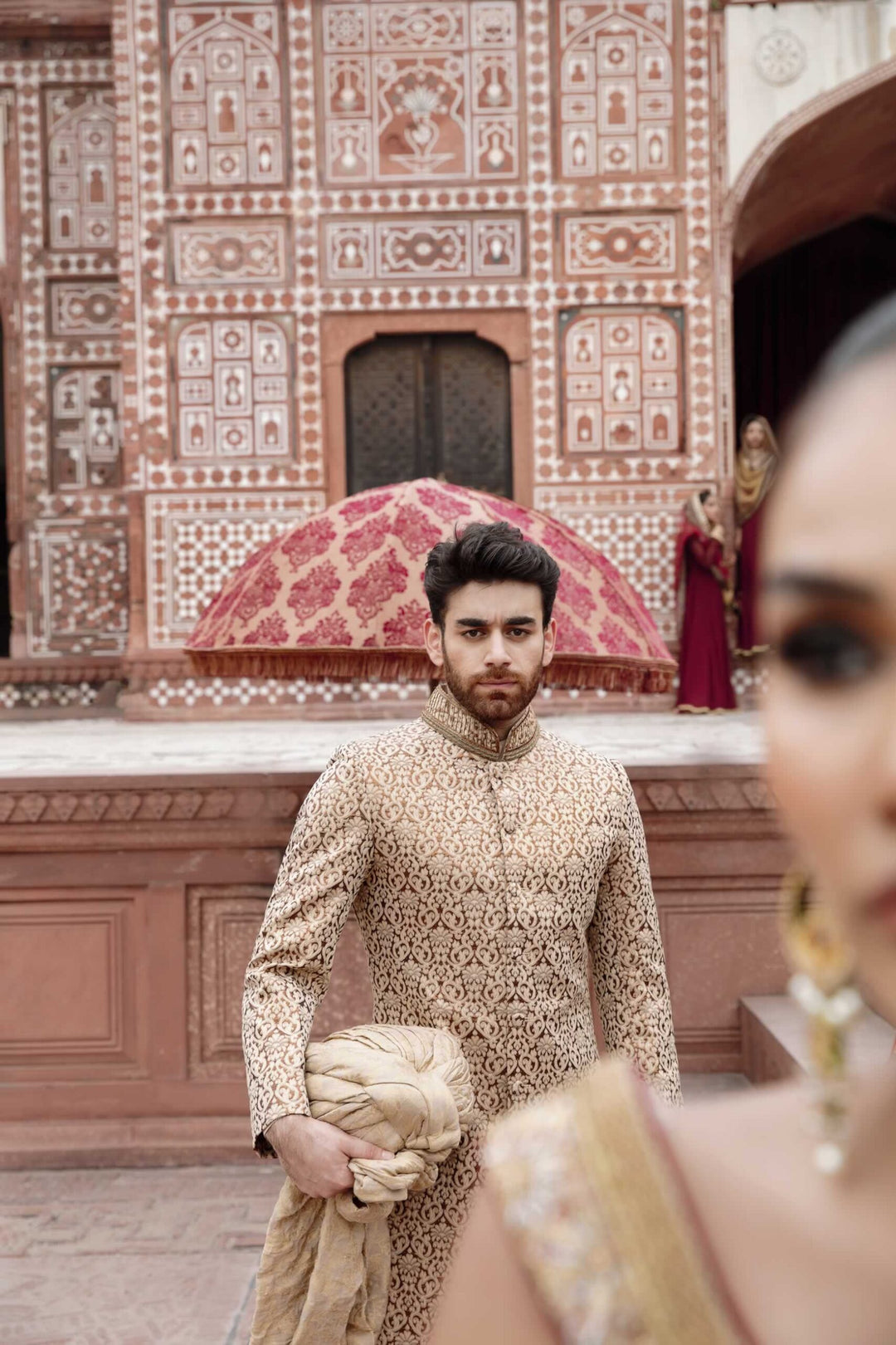 Cream Sherwani Shawl Dress for Pakistani Groom Dress