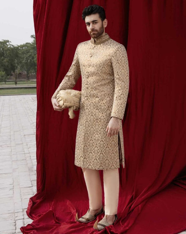 Cream Sherwani Shawl Dress for Pakistani Groom Dresses