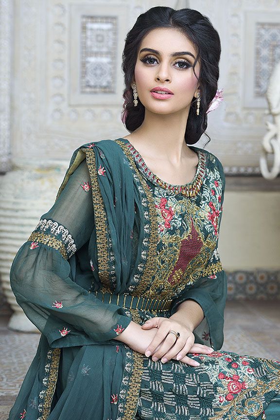 Crinkle chiffon outfit in green-blossom color for party – Nameera by Farooq