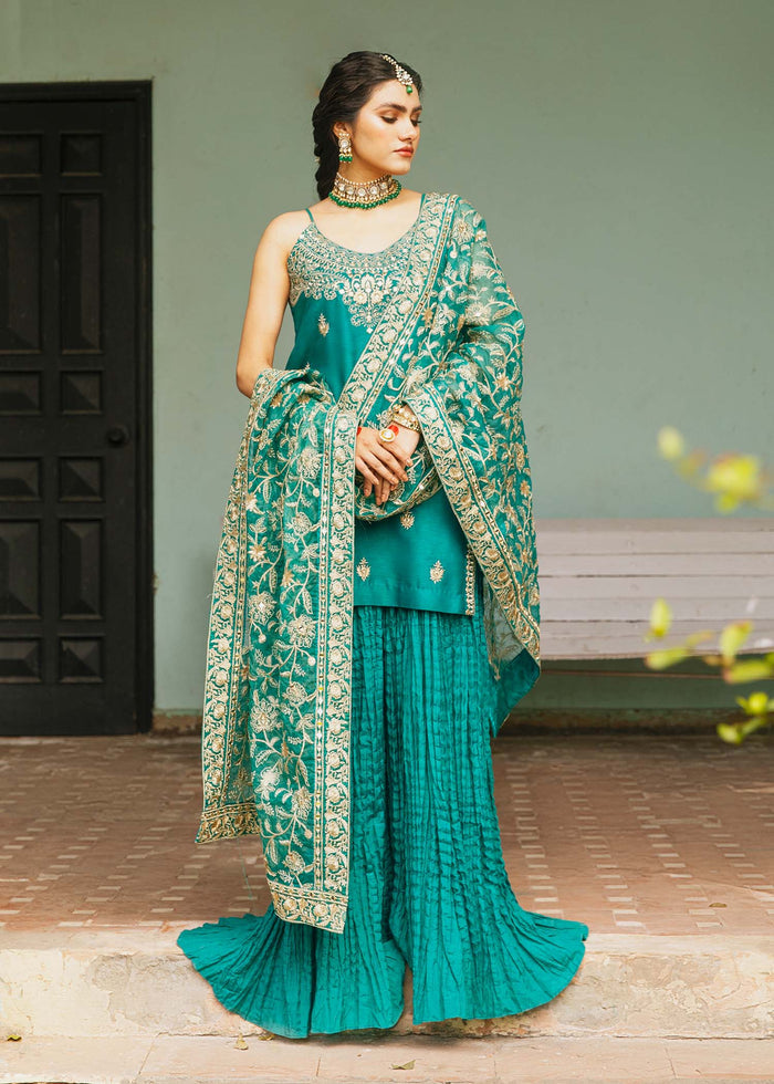 Aqua Crushed Pants Raw Silk Suit for Pakistani Wedding Wear