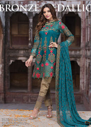 Beautiful chiffon dress by Imrozia in sea green and brown color