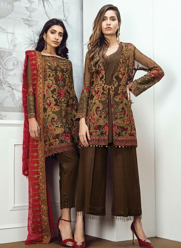 Beautiful dress by Sareen in chiffon color shoking pink red and brown color