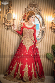 Red Dulhan Maxi in Lahnga Shape.Stylish Bridal Lahnga Maxi Embalished With Pure Dabka Nagh Zari And Pearls Work.