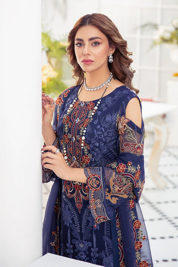 Dark Blue Pakistani Dress in Premium Chiffon Designer
