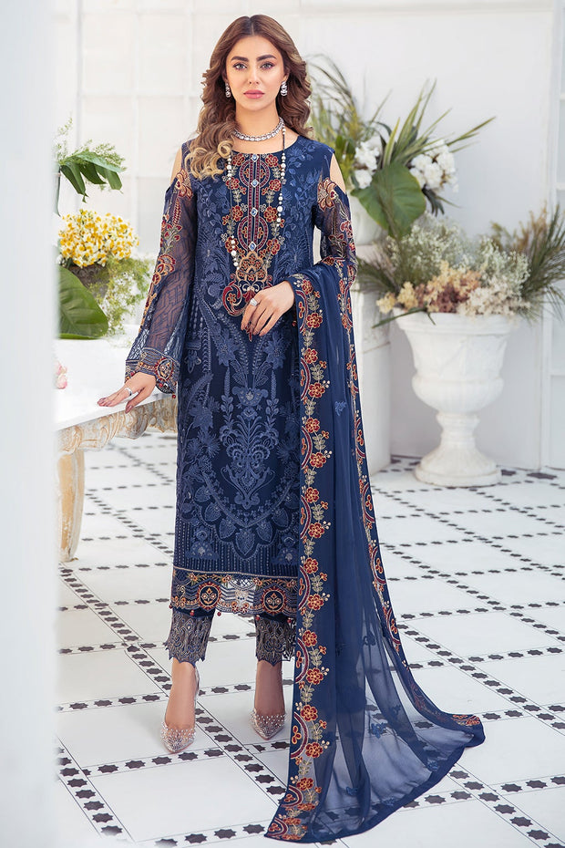 Dark Blue Pakistani Dress in Premium Chiffon Online