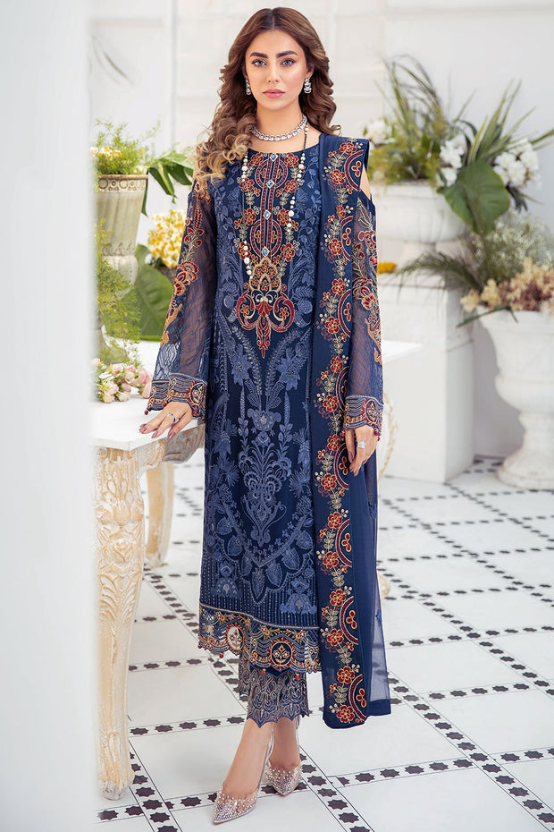 Dark Blue Pakistani Dress in Premium Chiffon