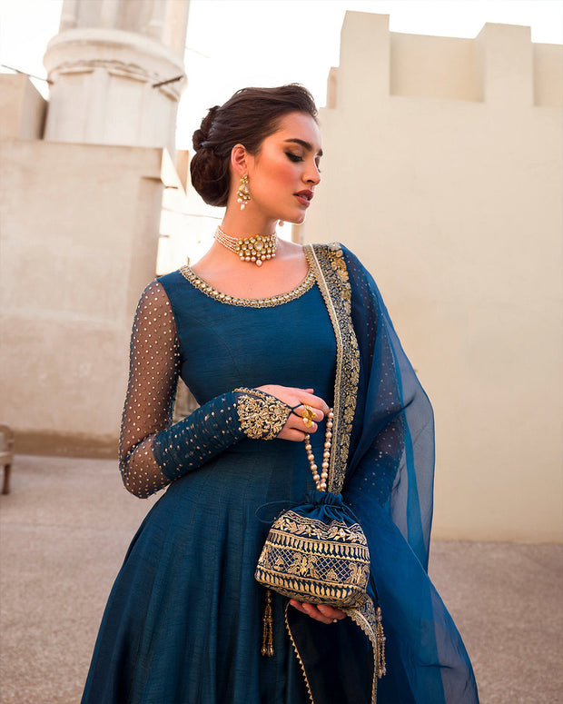 Dark Blue Raw Silk Pishwas 