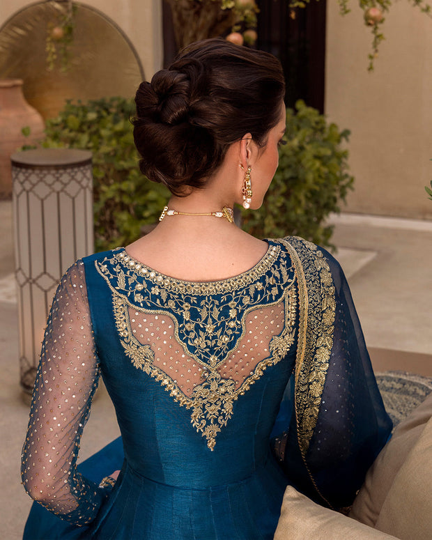 Dark Blue Raw Silk Pishwas for Pakistani Wedding Dress