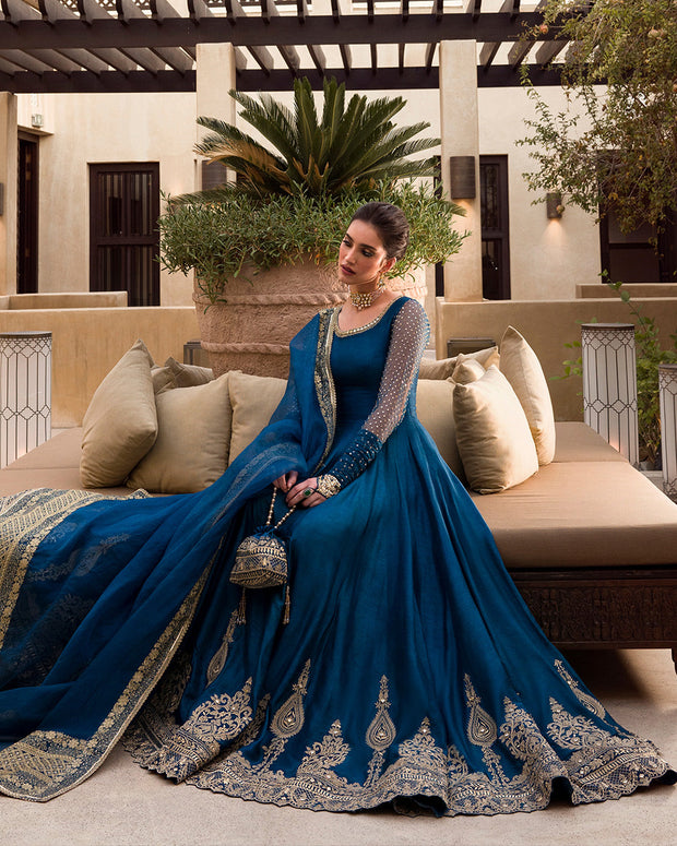 Dark Blue Raw Silk Pishwas for Pakistani Wedding Dresses 2023