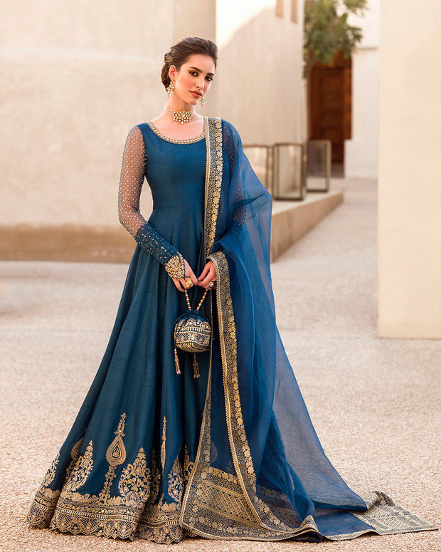 Dark Blue Raw Silk Pishwas for Pakistani Wedding Dresses