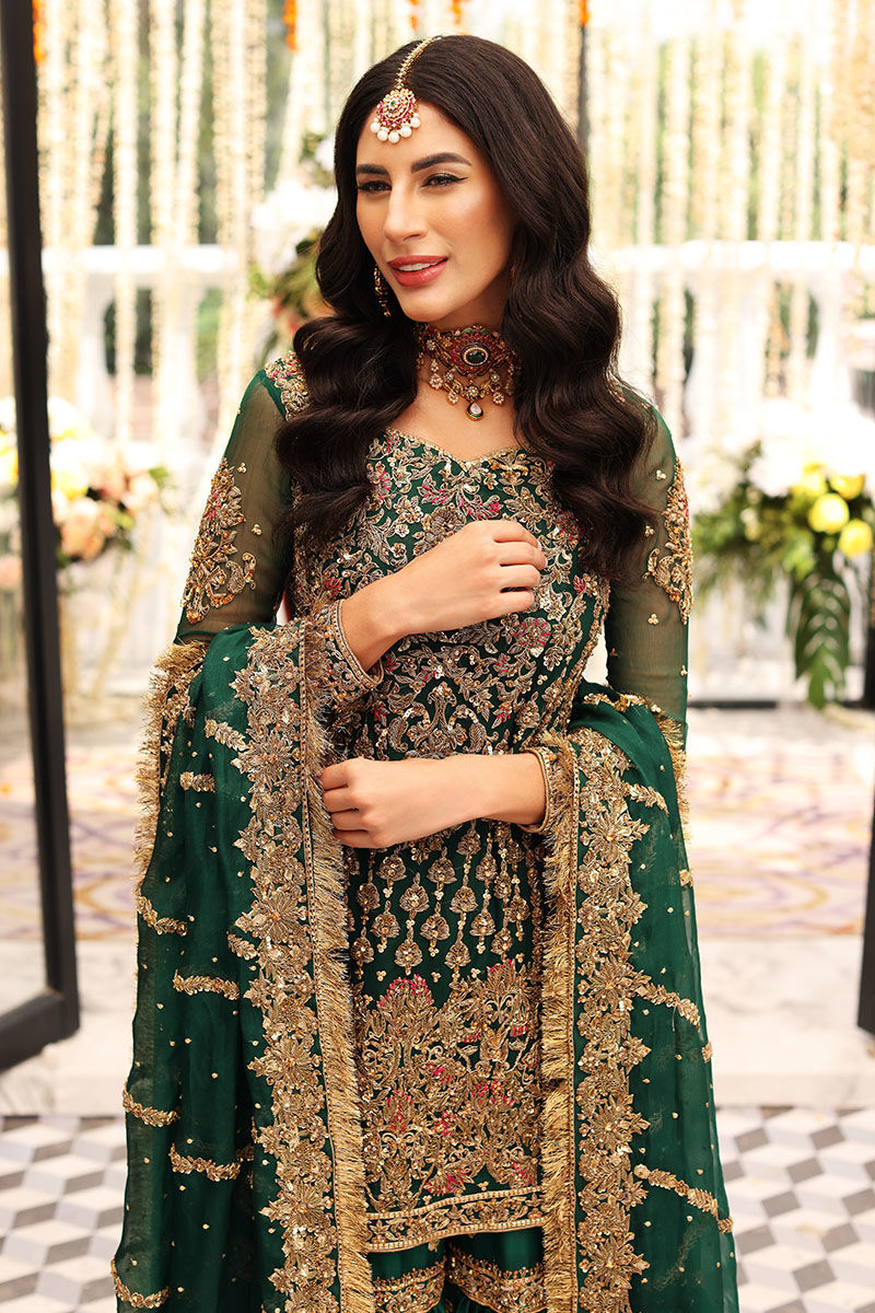 Dark Green Gharara Kameez for Pakistani Mehndi Wear – Nameera by Farooq