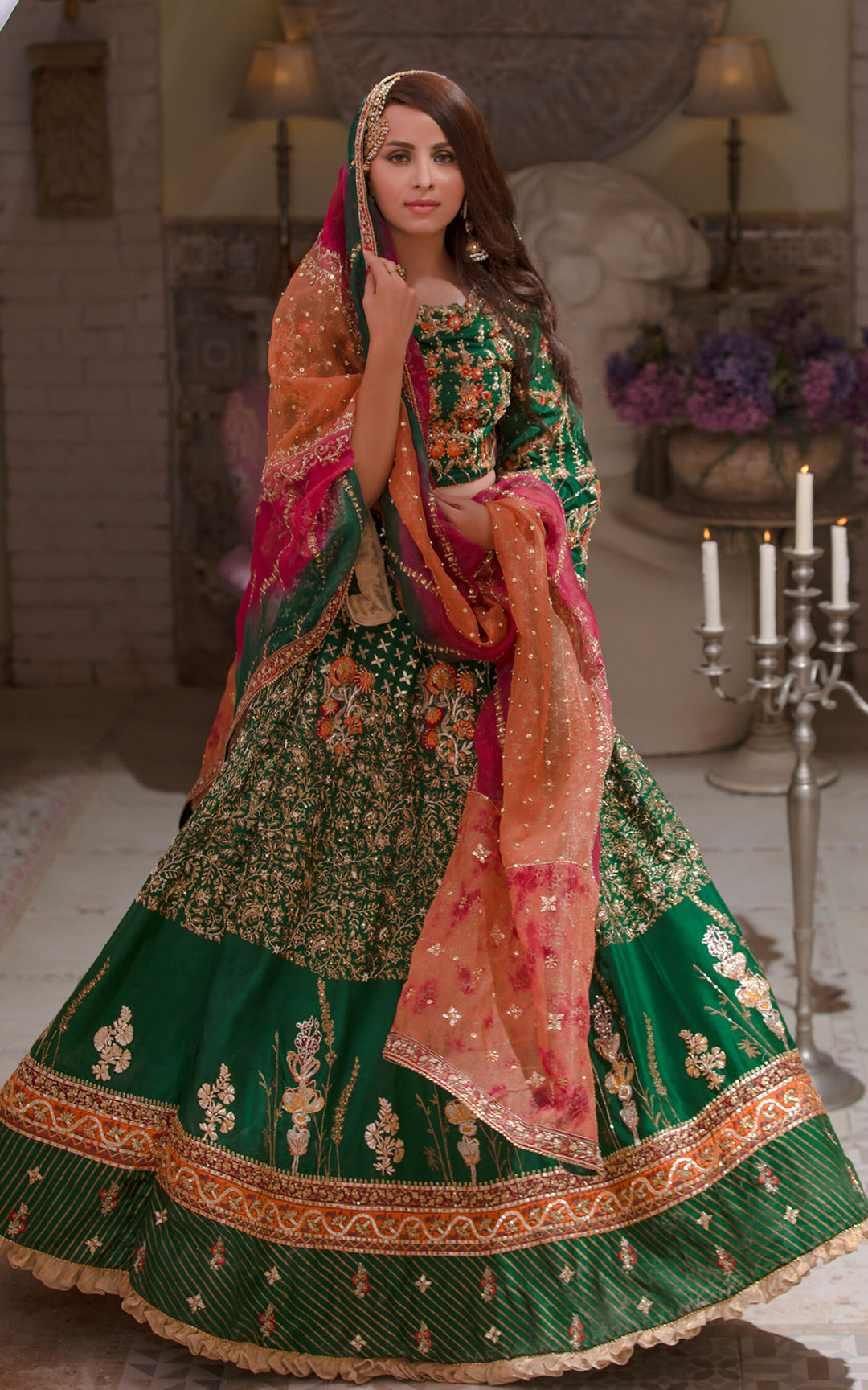 Embroidered Mehndi Dress in Dark Green Lehenga Choli Style Nameera by Farooq Embroidered Mehndi Dress in Dark Green Lehenga Choli Style Nameera by Farooq