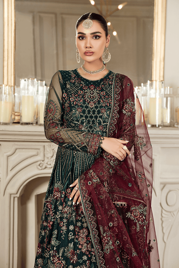 Dark Green Traditional Pishwas Frock with Lehenga Dress Online