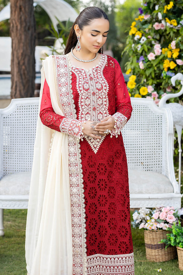 Deep Red Embroidered Long Kameez Trousers Pakistani Party Dress
