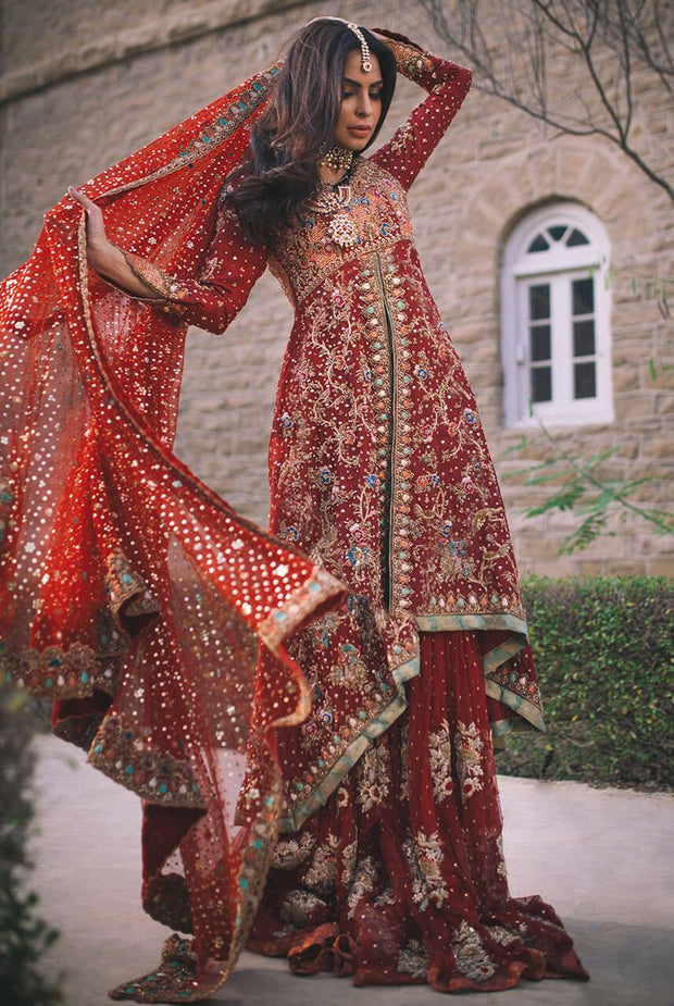 Pakistani deep red lehnga for bridal with mukaish work