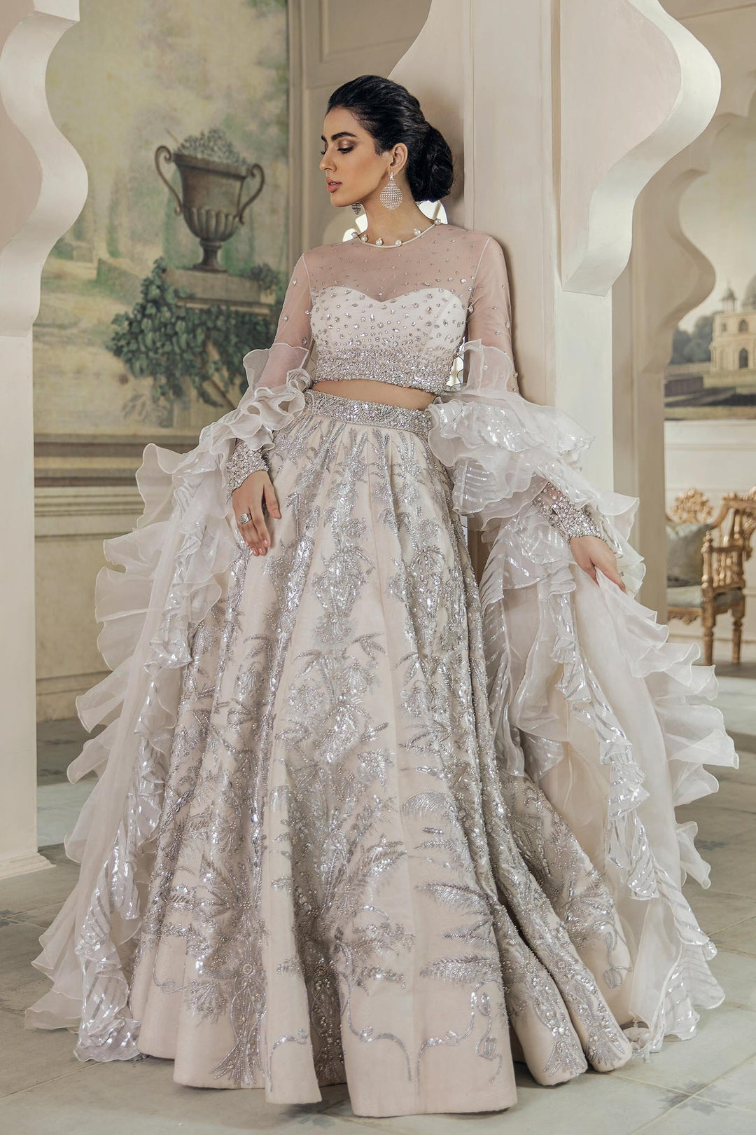Delicate Embellished White Lehenga Choli for Bridal Wear