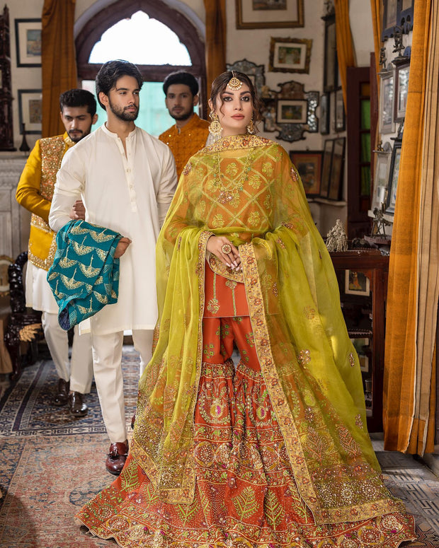 Desi Wedding Dress in Orange Gharara Kameez Dupatta Style