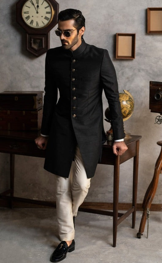 Embellished Designer Black Mens Sherwani for Wedding Wear