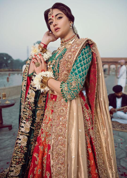 Designer Bridal Lehnga with Velvet Shawl Nameera by Farooq