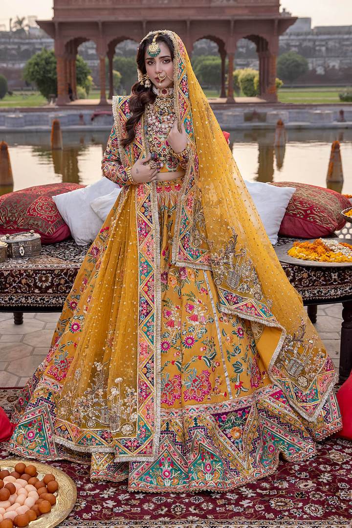 Designer Bridal Mustard Yellow Lehenga Choli for Mehndi – Nameera by Farooq