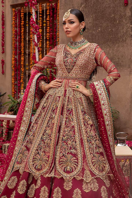 Designer Bridal Red Embroidered Lehenga Frock for Barat – Nameera by Farooq