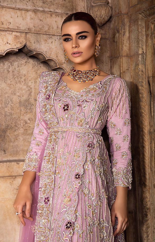 Designer Bridal Wedding Outfit in Lilac Color Close Up