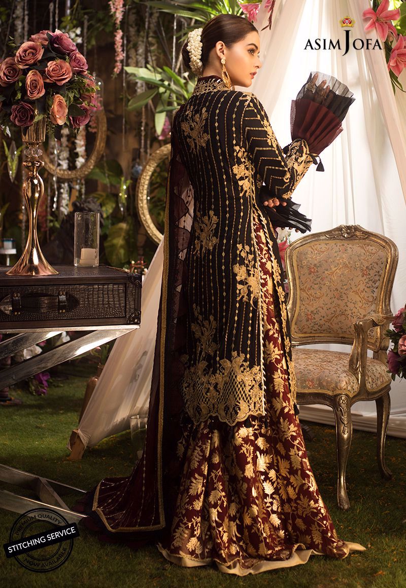 Designer Chiffon Gharara Shirt in Black Color Backside View