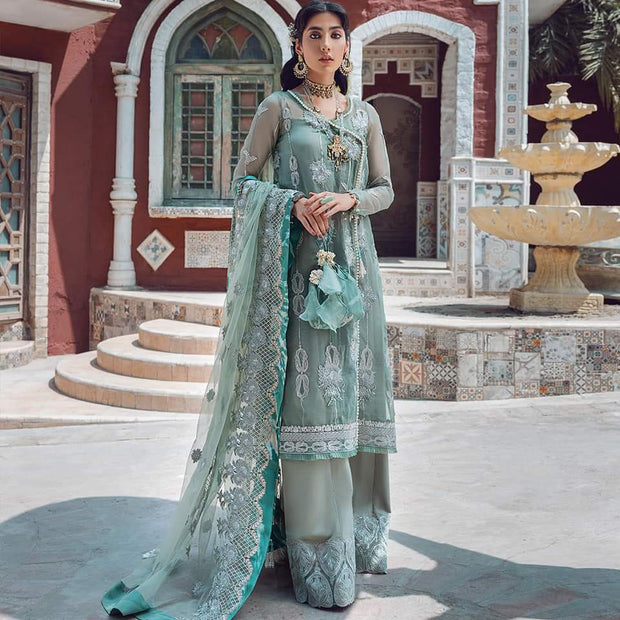 Designer Chiffon Trouser Shirt in Ice Blue Color