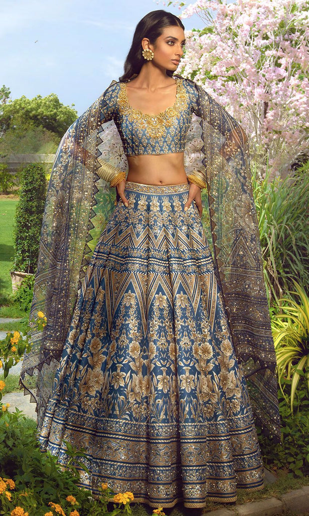 Designer Embellished Hazel Blue Lehenga Choli Bridal Wear