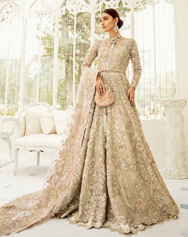 Designer Gold Pink Lehenga Gown for Indian Bridal Wear