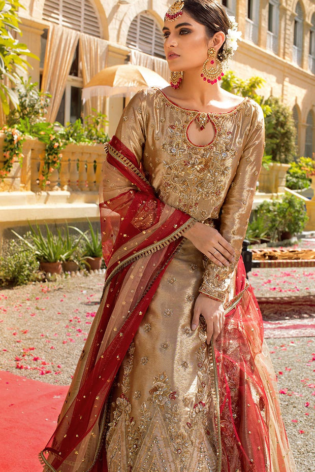 Designer Golden Lehenga with Maroon Dupatta in Long Shirt Nameera by Farooq Designer Golden Lehenga with Maroon Dupatta in Long Shirt Nameera by Farooq