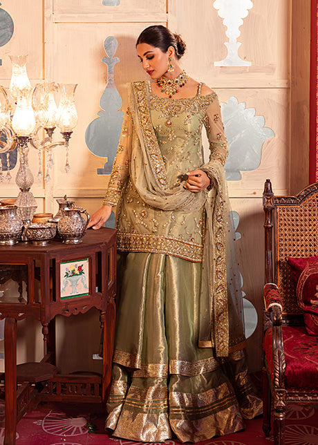 Designer Embellished Golden Nikah Dress in Lehenga Shirt LARGE Designer Embellished Golden Nikah Dress in Lehenga Shirt LARGE
