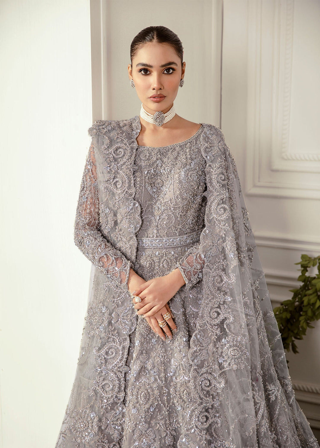 Heavily Embellished Grey Shade Pakistani Wedding Dress in Gown Style MEDIUM