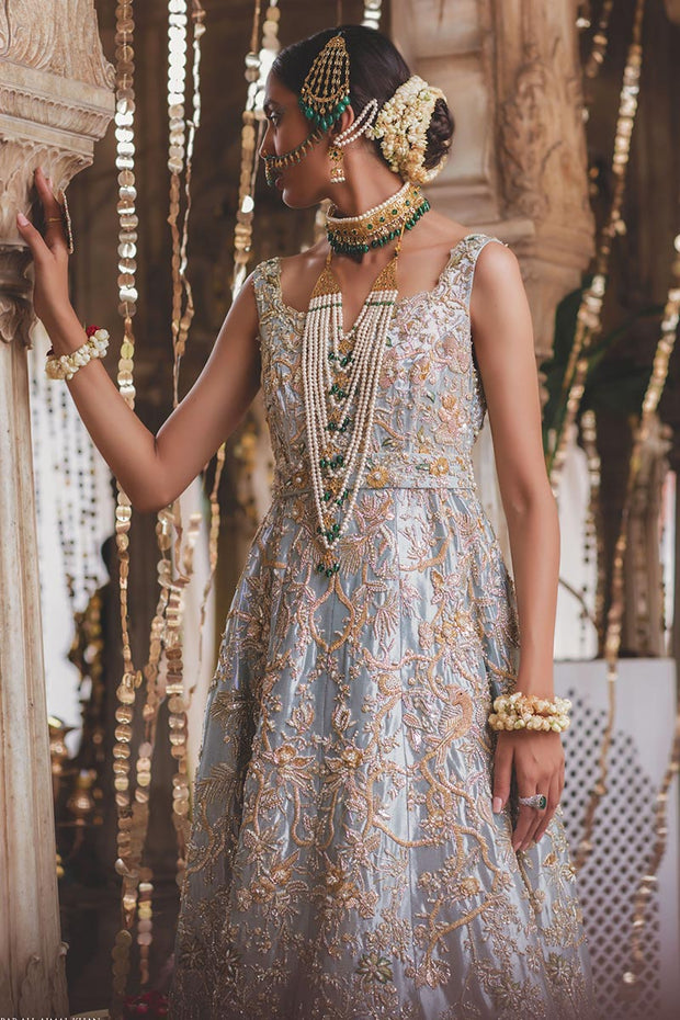 Designer Indian Bridal Wear Ice Blue Lehenga Gown 2022