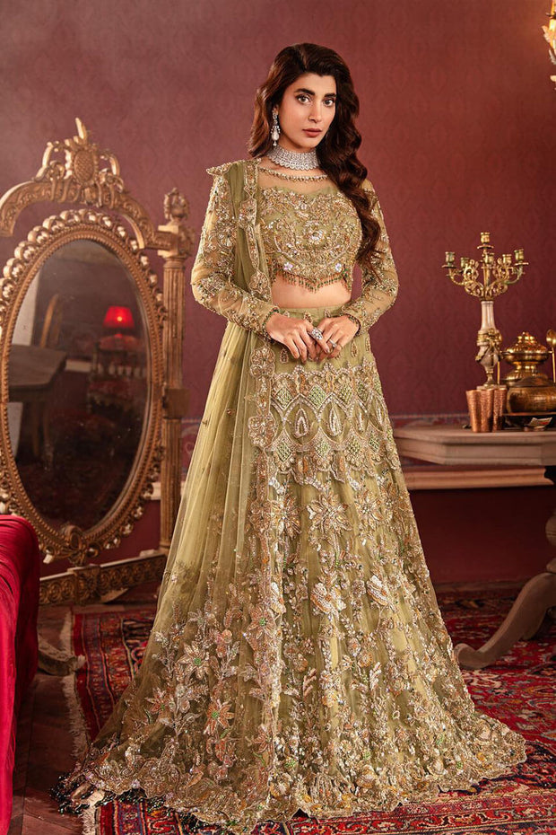 Heavy Designer Indian Bridal Wear Lime Green Lehenga Choli Nameera by Farooq