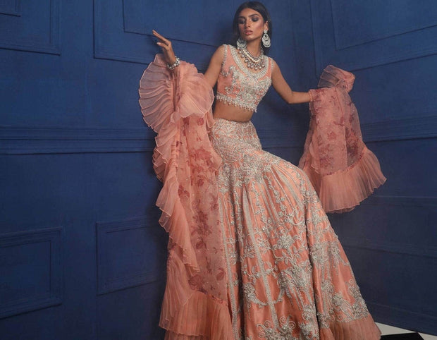 Designer Indian Peach Bridal Lehnga Choli Dress 