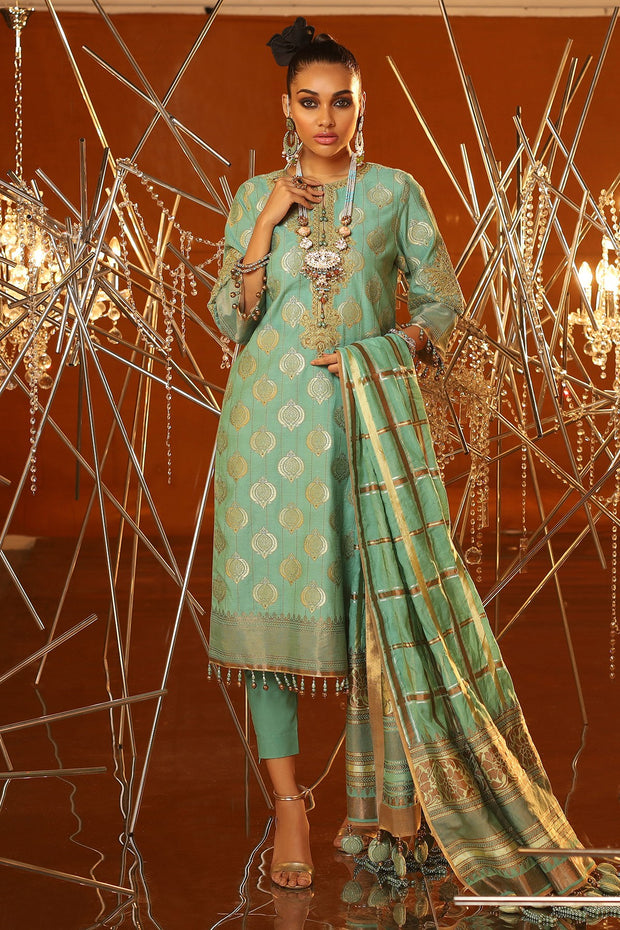 Designer Jacquard Eid Suit in Ferozi Color