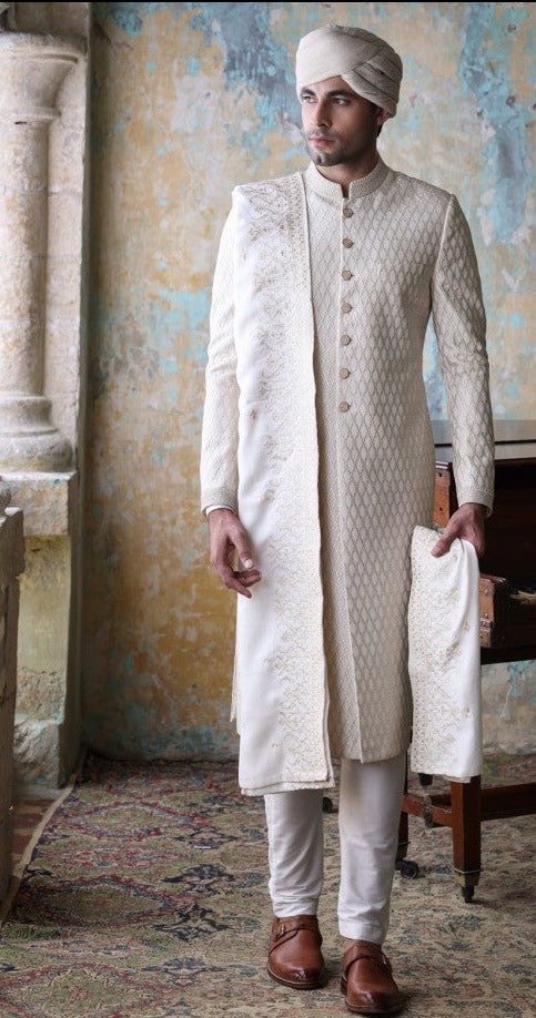 Embellished Designer Men Off White Sherwani for Groom Wear