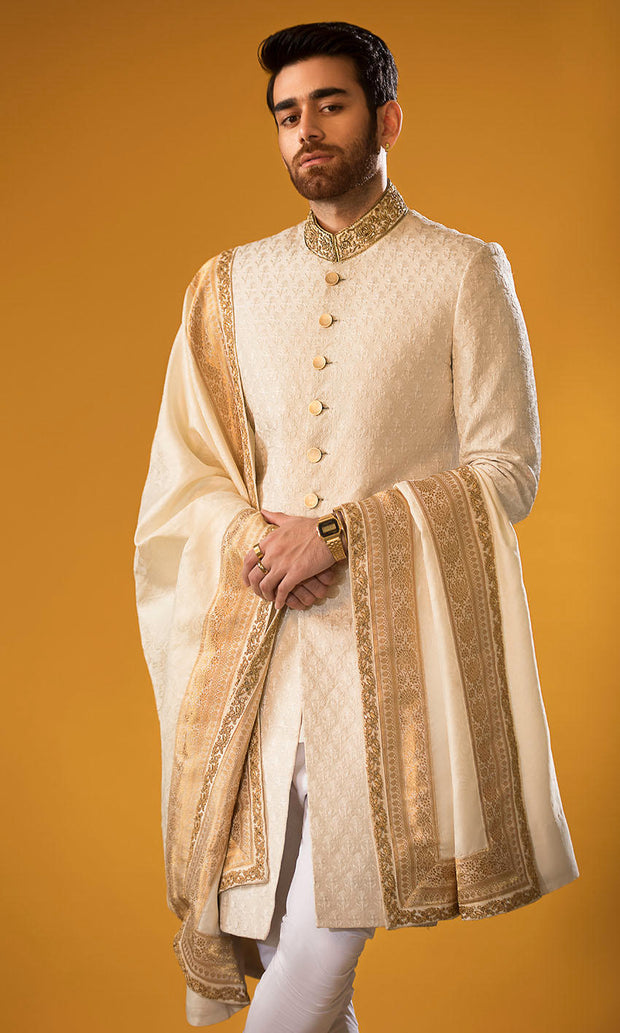 Shop Ethnovog White Embroidered Art Silk Sherwani set Wedding Wear | Made  to Measure dress for Men in all sizes - SHBS02306449