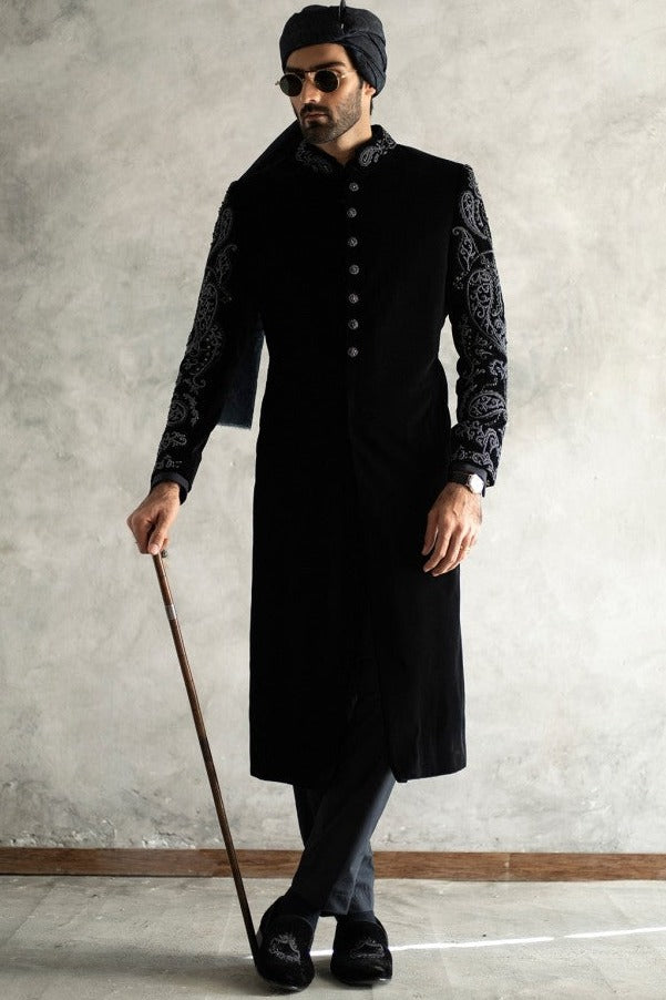 Embellished Designer Men Sherwani for Marriage in Black Color Nameera by Farooq