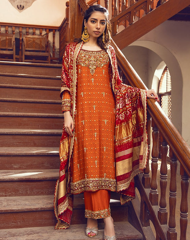 Designer Orange Kameez Salwar Pakistani Mehndi Dresses