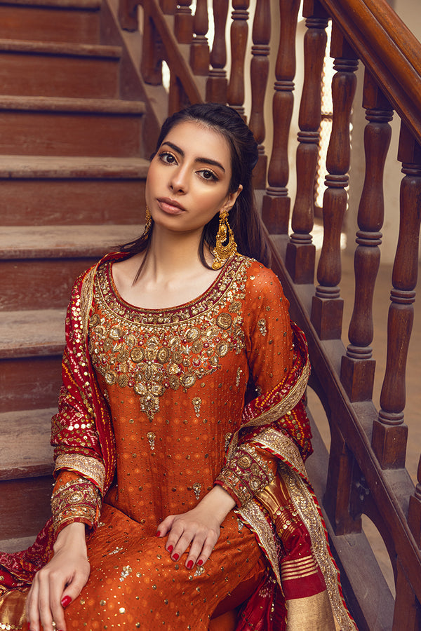 orange mehndi dress pakistani Orange Sharara Shirt Bridal Pakistani Mehndi Dresses LARGE