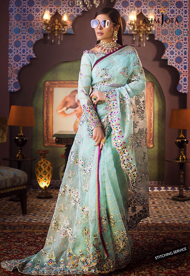 Designer Organza Saree for Wedding in Light Mint Color