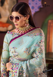 Designer Organza Saree for Wedding in Light Mint Color Close Up
