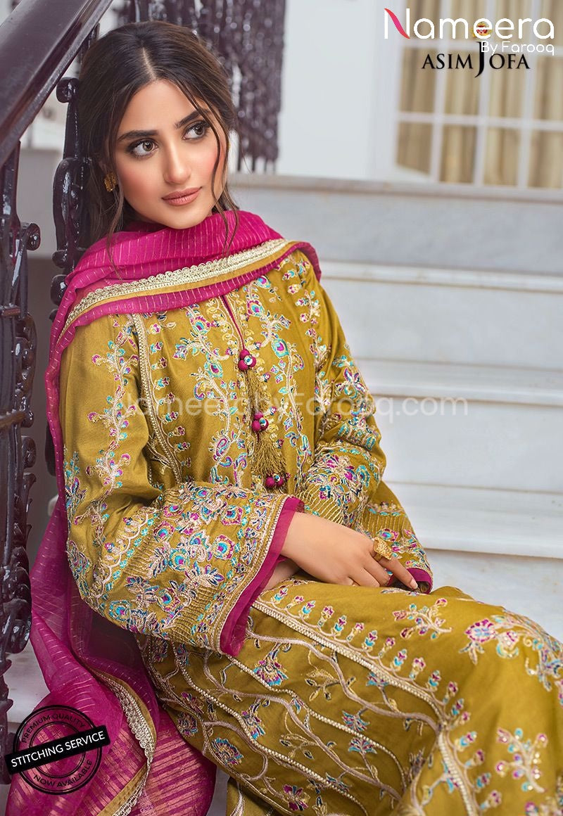 Designer Pakistani Party Wear with Neckline Embroidery 