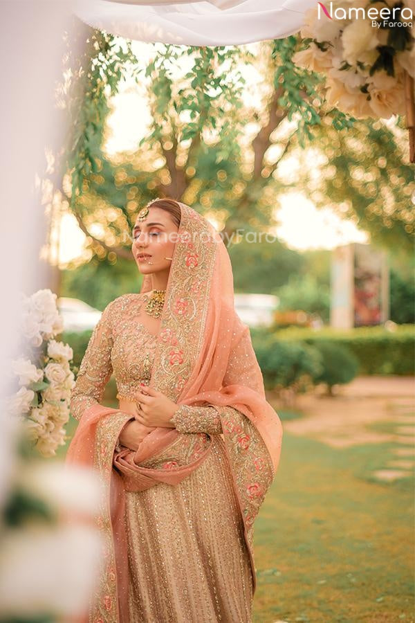 Peach colour 2024 bridal lehenga